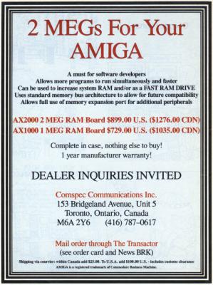 [Advertisement: 2 MEGs For Your Amiga by Comspec Communications Inc.]